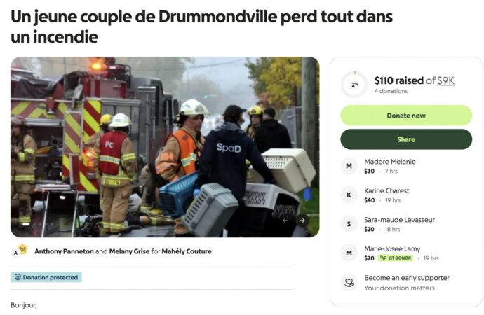 Incendie à Drummondville : un mouvement de solidarité pour aider un jeune couple qui a tout perdu